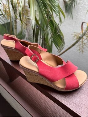 A. Giannetti Coral Dark Coral Suede Cork Wedge Sandals
